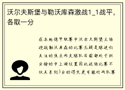 沃尔夫斯堡与勒沃库森激战1_1战平，各取一分